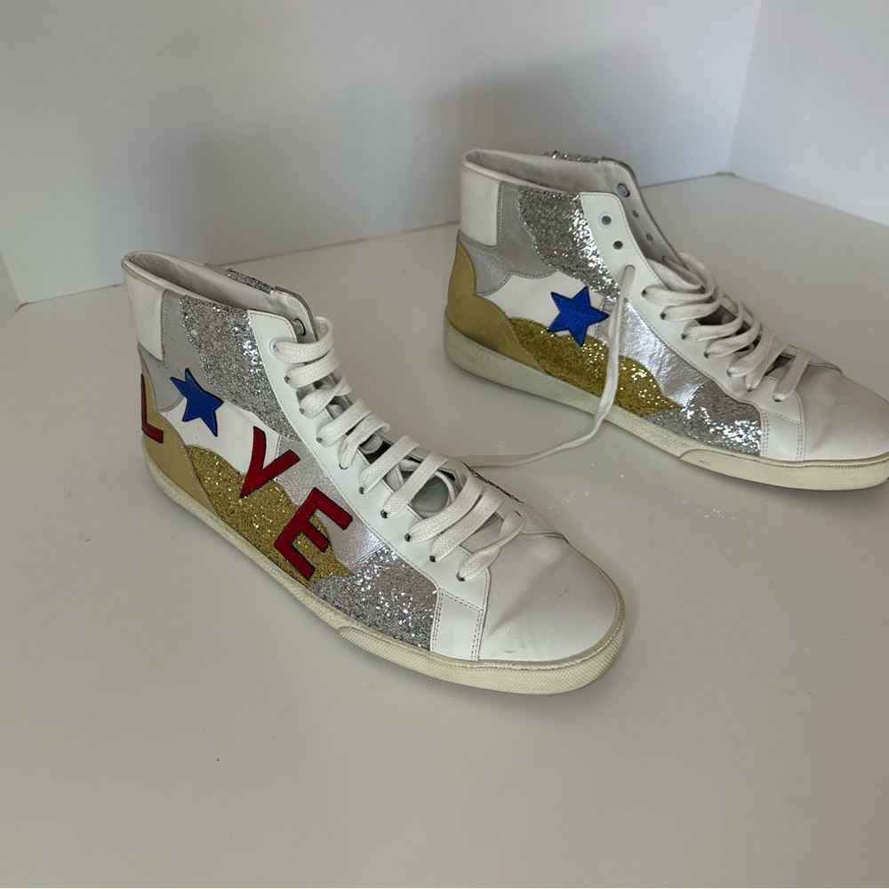 YSL Mid top sneaker with appliqué “Love” “Stars” and glitter panels 43.5 - Picture 4 of 12